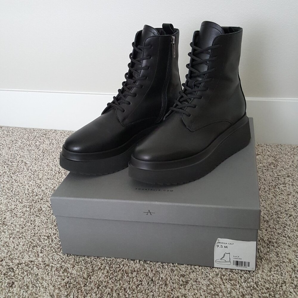 Aquatalia Ornella Boot 9.5 Platform Black Leather Weatherproof Moto Combat Lace - Picture 5 of 15